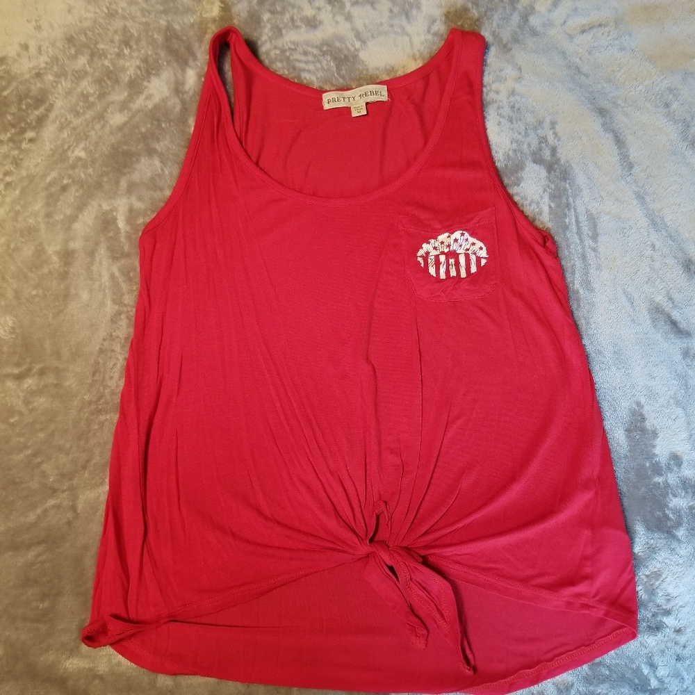Wallflower denim vest and red tank top. - Picture 6 of 7